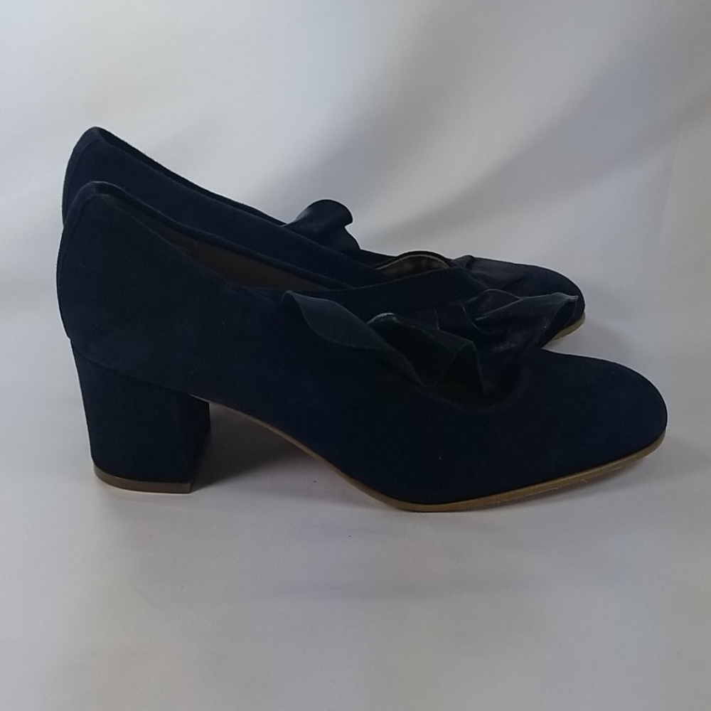 Anthropologie Kmb Navy Blue Suede Ruffle Heels Coquette Romantic Heels - Picture 4 of 11